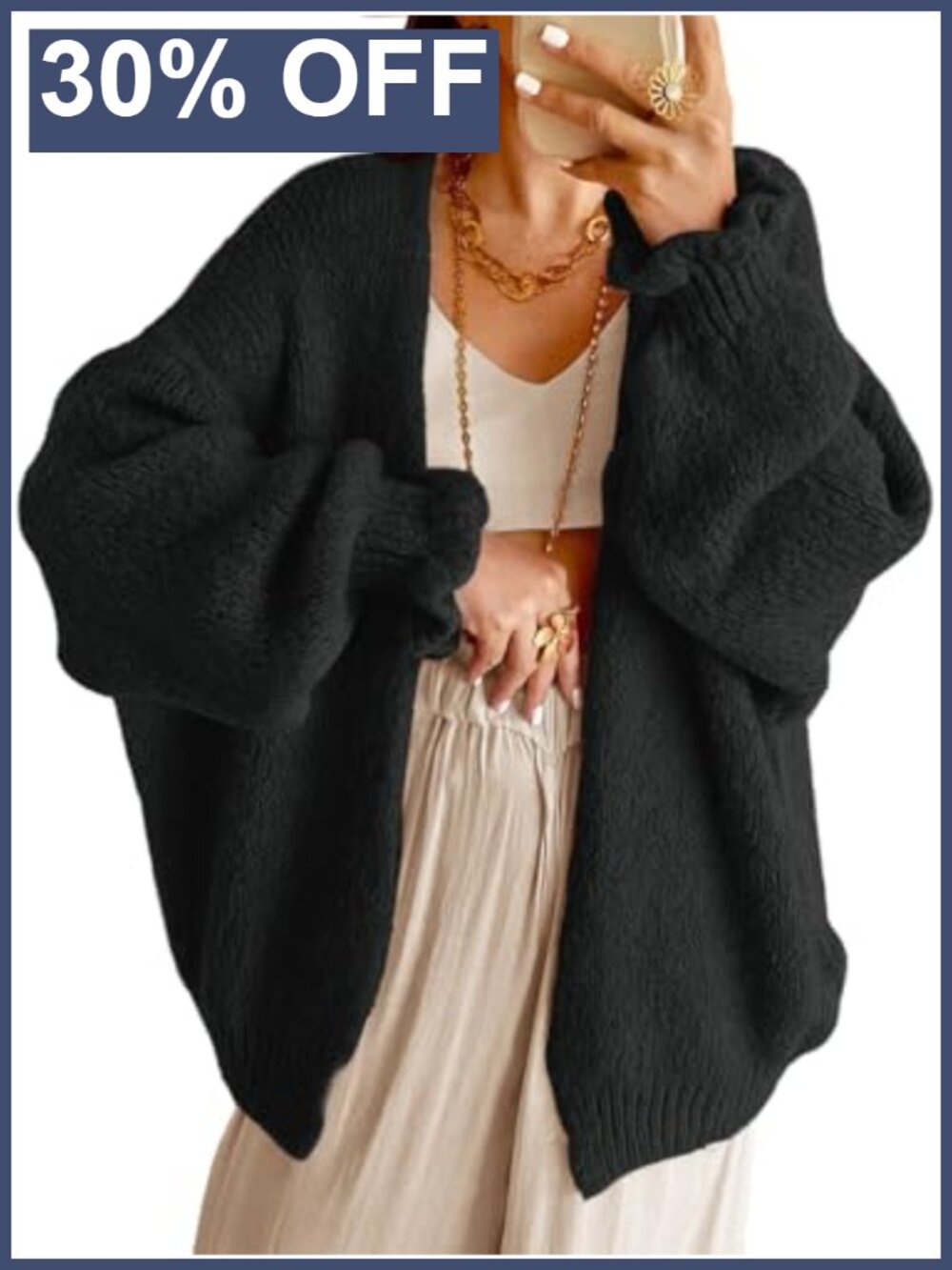 Oversized Chunky Knit Cardigan Ruffle Lantern Sleeve Open Front Fall Sweater